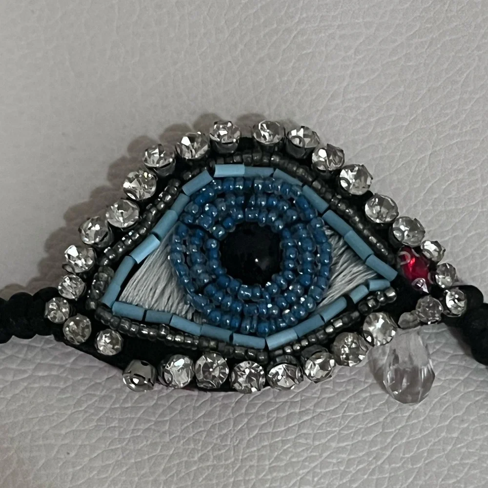 Picasso / Dali Style Blue Beaded Rhinestone EVIL EYE Threaded / Beaded Bracelet - Picture 5 of 9